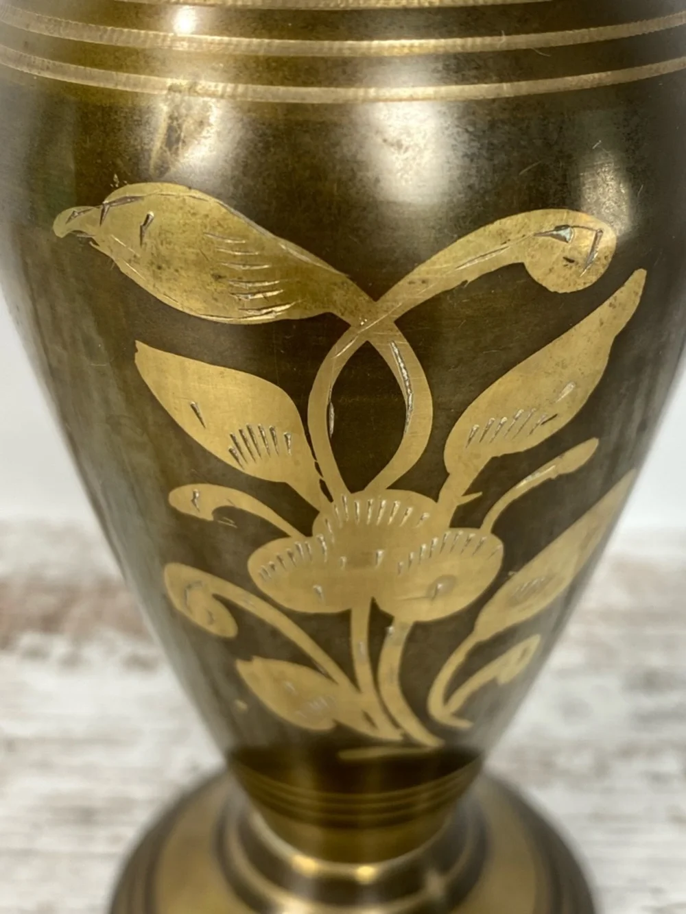 Vintage Brass Vase Etched Floral Made in India Patina Distressed 8”